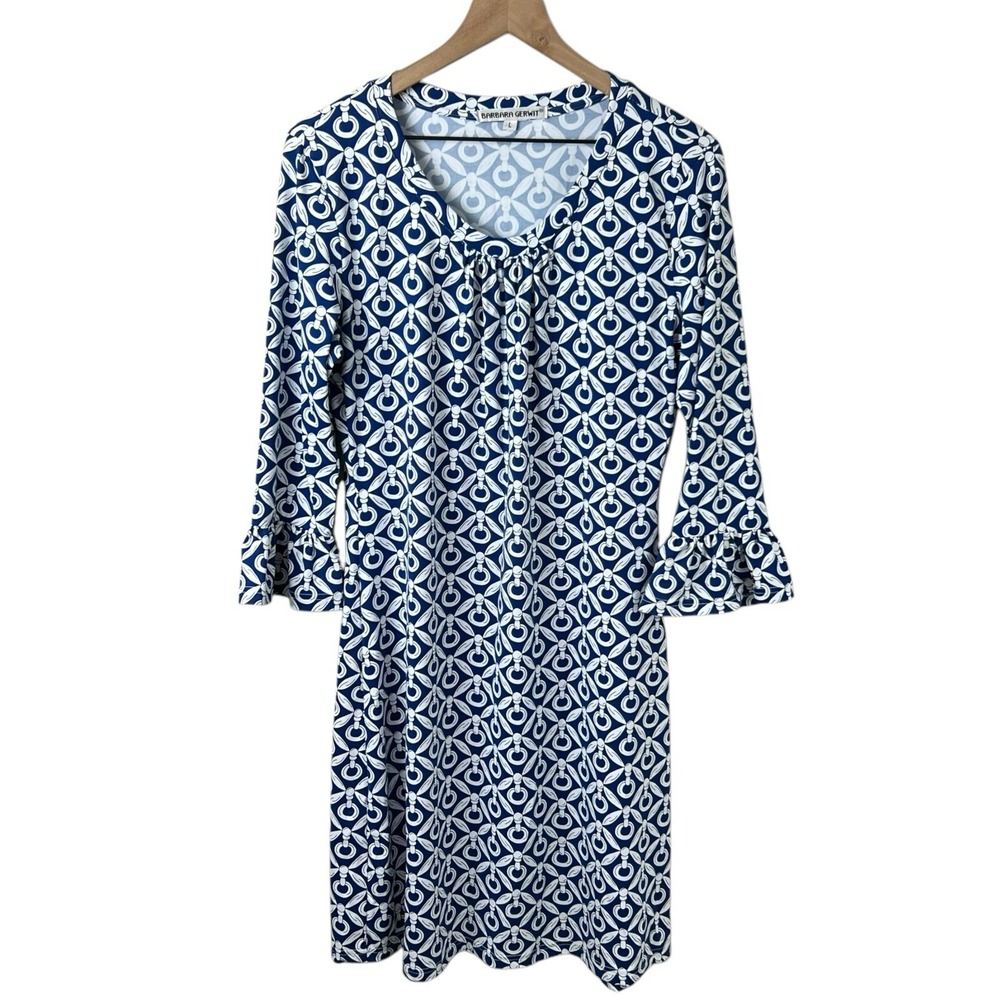 Barbara Gerwit Womens Large Blue White Geometric 3/4 Bell‎ Sleeve Jersey Dress